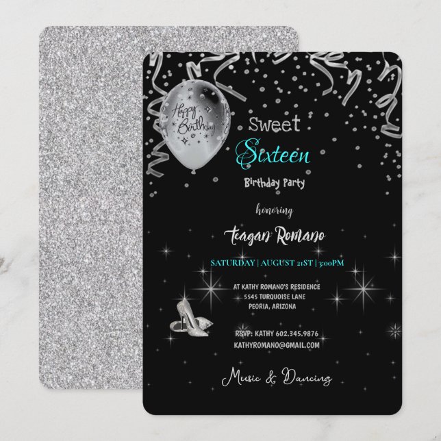 Convite Tema preto e turquesa da 16ª Festa de aniversário (Frente/Verso)