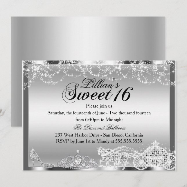 Convite Tema Princesa Brilho Prateado Sweet 16 Doc (Frente/Verso)