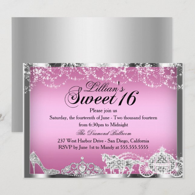 Convite Tema Princesa Brilho Rosa para Doce 16 (Frente/Verso)
