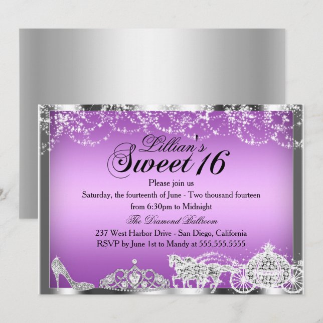 Convite Tema Princesa Brilho Roxo Sweet 16 (Frente/Verso)