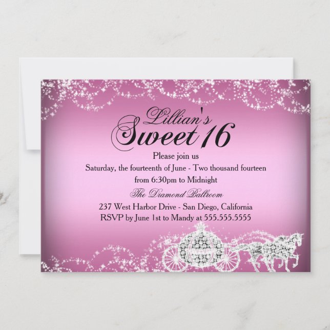 Convite Tema Princesa Cavalo & Carruagem Sweet 16 (Frente)