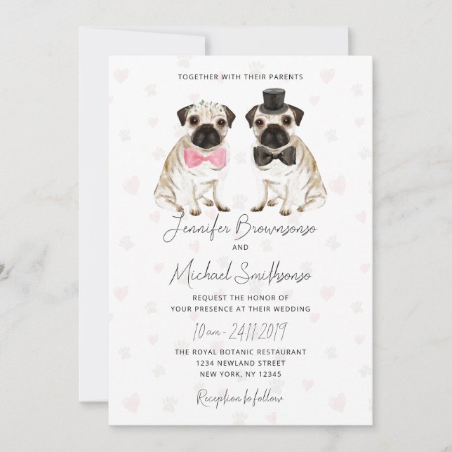 Convite tema pug pata coração cachorro casamento (Frente)