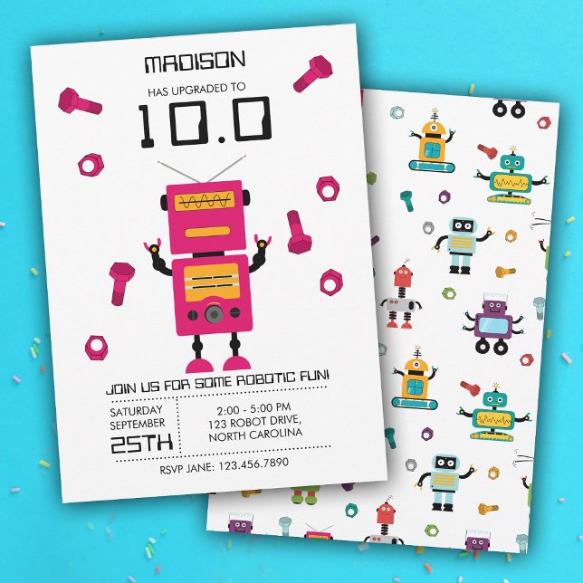 Convite Tema rochoso rosa-bonito Crianças robôs Festa de a (Cute Pink Robot Theme Kids Robots Birthday Party Invitation)