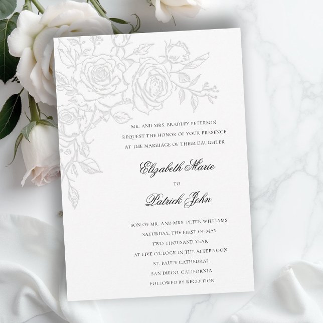 Convite Tema Rosa Amada Branco Formal Clássico Casamento (formal traditional wedding invitation roses theme floral modern classic luxury pure white)