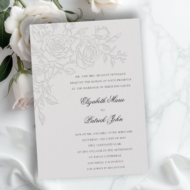 Convite Tema Rosa Amada Marfim Formal Clássico Casamento (formal traditional wedding invitation roses theme floral modern classic luxury pure ivory)