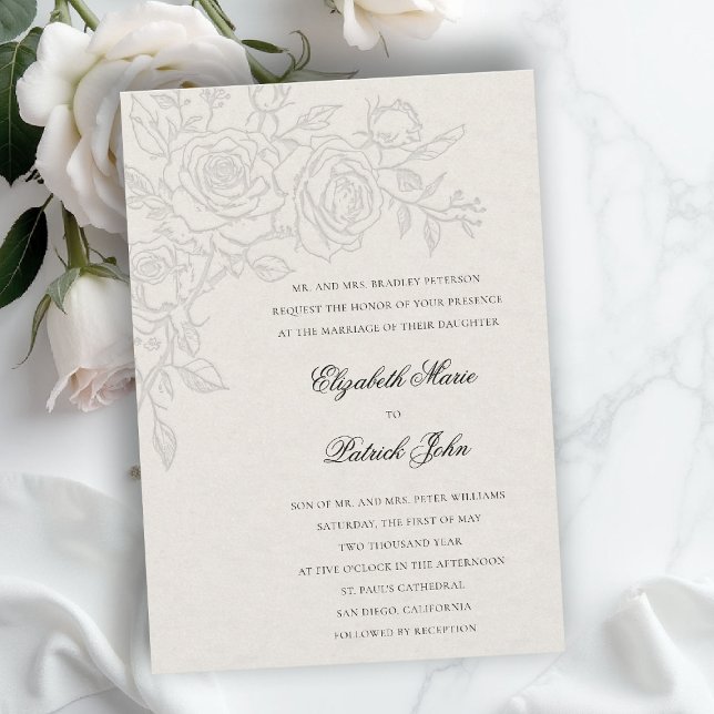 Convite Tema Rosa Amado Ecru Formal Clássico Casamento (formal traditional wedding invitation roses theme floral modern classic luxury pure ecru)