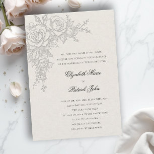 Convite Tema Rosa Atemporal Formal Clássico Casamento Ecru