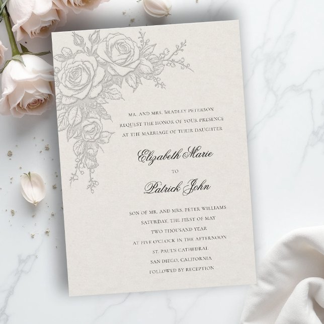 Convite Tema Rosa Atemporal Formal Clássico Casamento Ecru (formal traditional wedding invitation roses theme floral modern classic luxury ecru neutral cream)