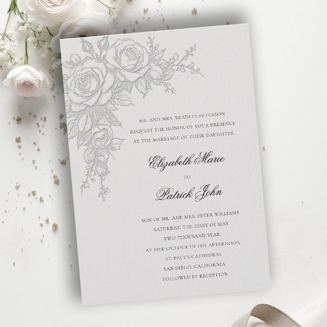 Convite Tema Rosa Atemporal Marfim Casamento Formal Clássi (formal traditional wedding invitation roses theme floral modern classic luxury ivory neutral cream)