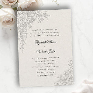 Convite Tema Rosa Gracioso Formal Clássico Casamento Ecru