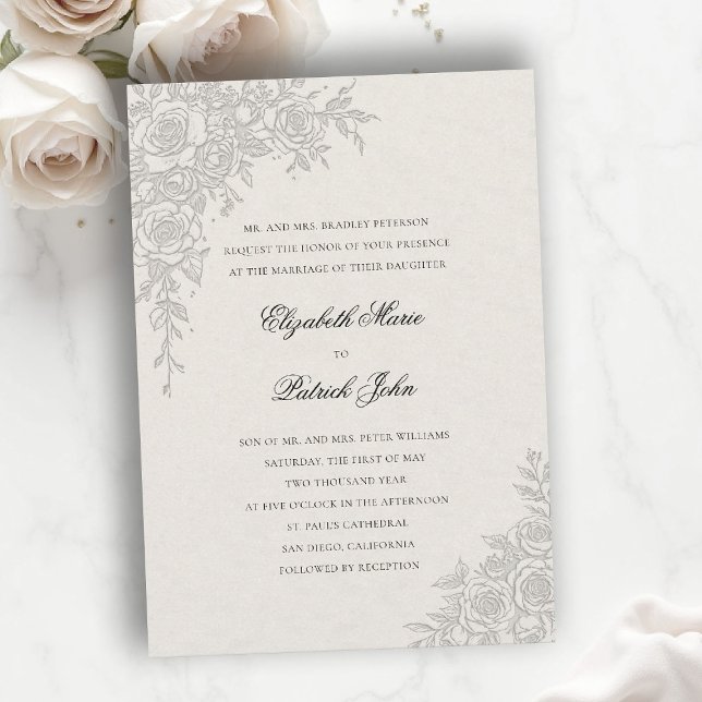 Convite Tema Rosa Gracioso Formal Clássico Casamento Ecru (formal traditional wedding invitation roses theme floral frame modern classic luxury pure ecru)