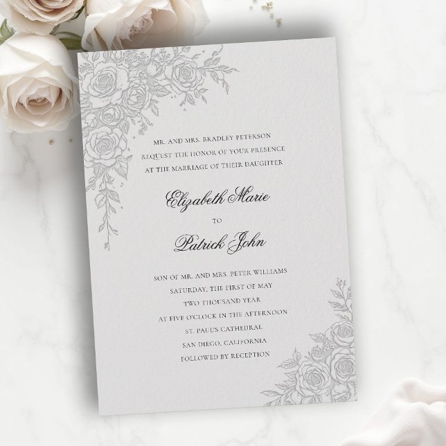 Convite Tema Rosa Gracioso Marfim Formal Clássico Casament (formal traditional wedding invitation roses theme floral frame modern classic luxury pure ivory)