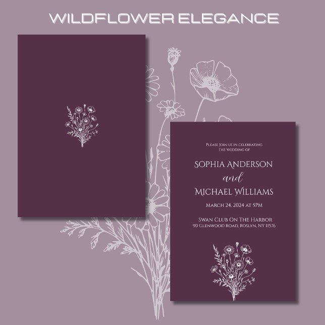 Convite Tema Roxo de Casamento de Flores Selvagens - (Wildflower Elegance Wedding Invitations Purple-Rustic, Bohemian, Country)