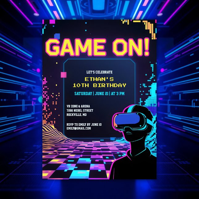 Convite Tema RV do legal Gamer Party (Cool Gamer Party Glitch Theme VR Birthday Invitation)