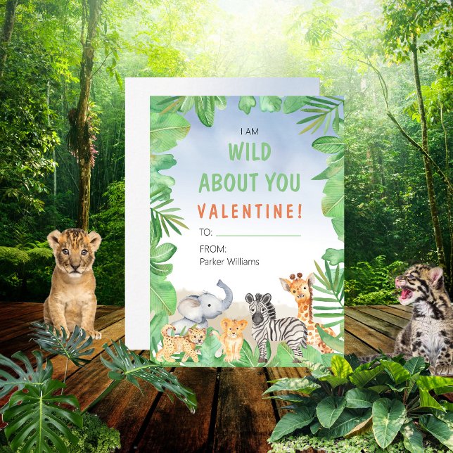 Convite Tema Safari Eu Sou Selvagem Sobre Você Dia de os n ("I Am Wild About You Valentine!" Kid's Valentine's Day Classroom Card)