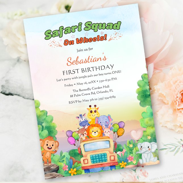 Convite Tema Safari Ride – Fera 1º Aniversário Menino (Wild One Safari Ride – Jungle 1st Birthday for boy Invitation)