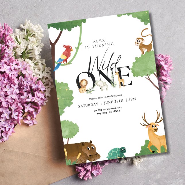 Convite Tema Selvagem de Crianças Neutras de Aniversário d (Criador carregado)