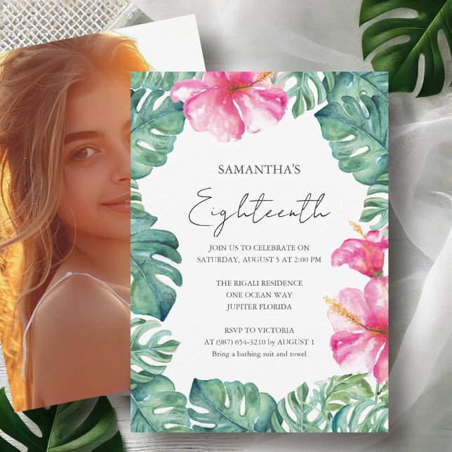 Convite Tema tropical da Festa de aniversário 18 (Eighteenth birthday invitations with photo watercolor pink flowers & palm leaf Victoria Grigaliunas)