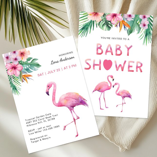 Convite Tema tropical do Chá de fraldas Flamingo rosa (Girl Baby Shower Invitation)