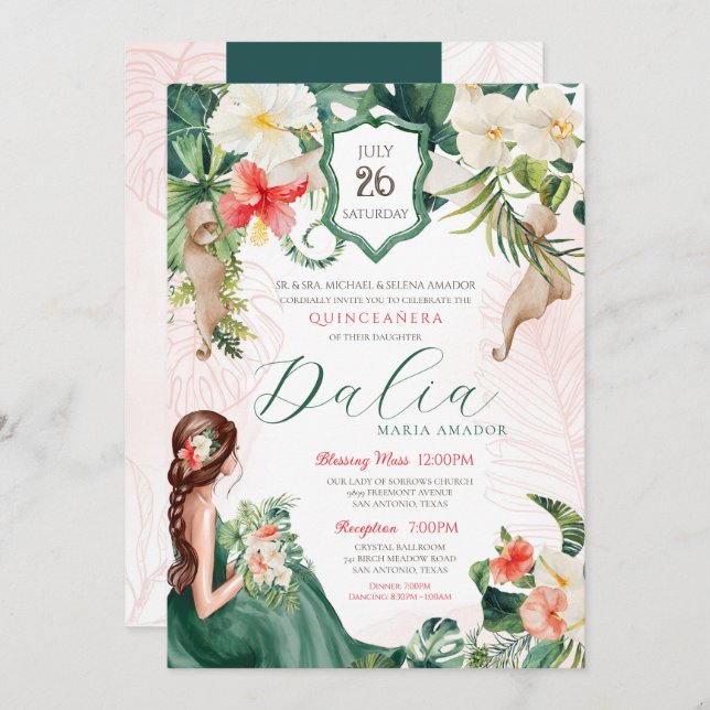Convite Tema tropical Quinceana de Verão verde e rosa (Frente/Verso)