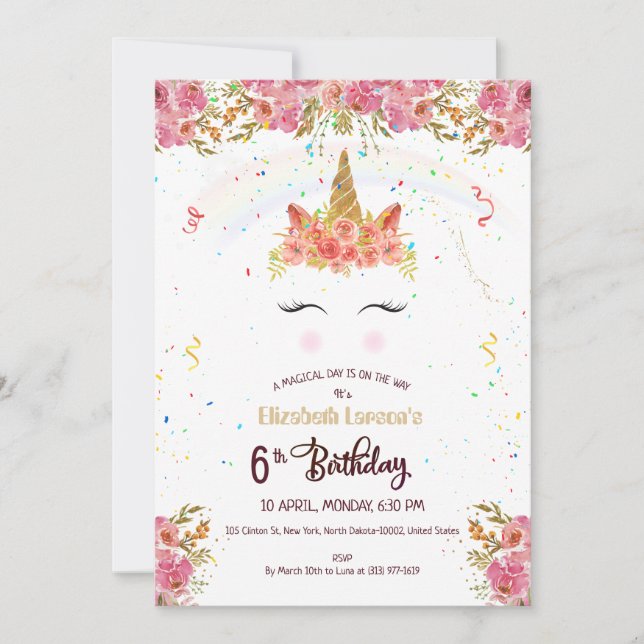Convite Tema Unicórnio de Celebração de aniversários de cr (Frente)