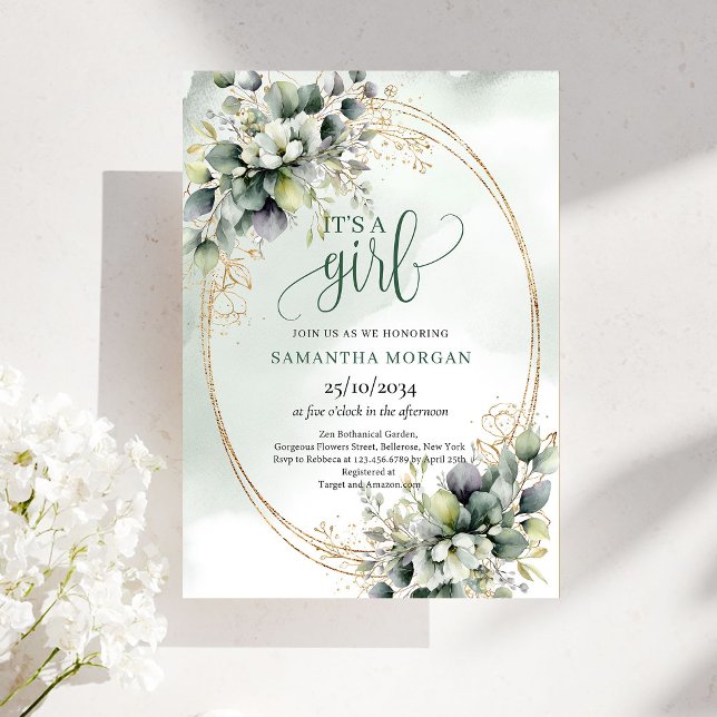 Convite Tema Verde Branco Botânico É Uma Menina (Botanical Green White Theme It’s A Girl Invitation)