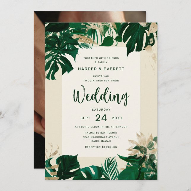 Convite Tema Verde Tropical com Casamento Fotográfico de V (Frente/Verso)