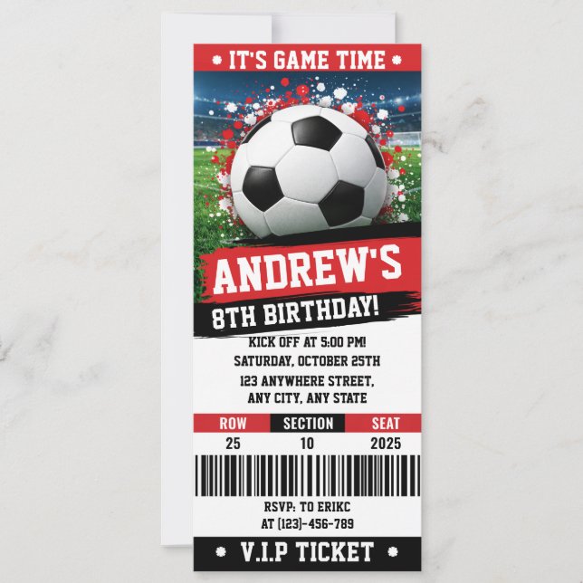 Convite Tema Vermelho Pessoal Bilhete de Futebol Aniversár (Frente)