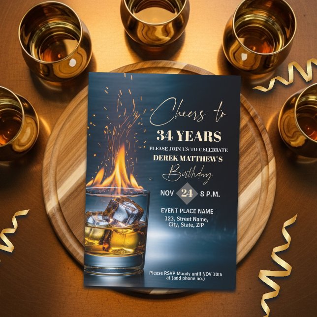 Convite Tema Whiskey Ouro para Festa de Aniversário de 34  (Criador carregado)
