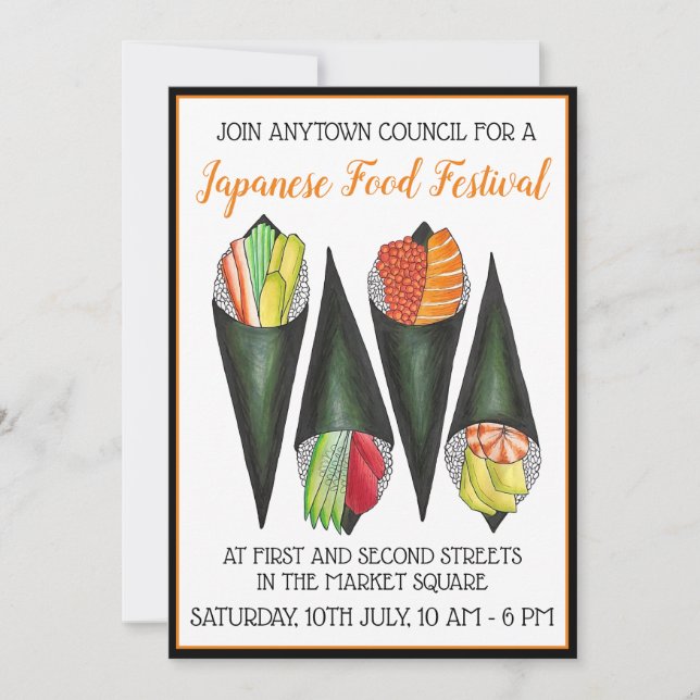 Convite Temaki Hand Roll Sushi Festival de Comida Japonês (Frente)