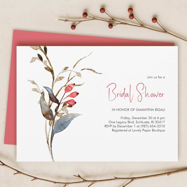Convite Temas Elegantes de Chá de Noiva para Outono (Fall bridal shower theme features a flat lay of invitations with elegant botanicals on a white card)