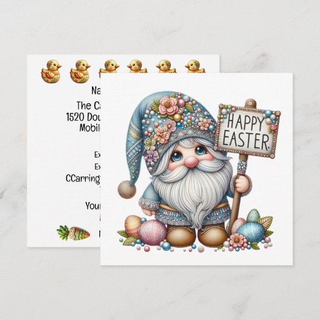 Convite Temático da Páscoa da Preciosa Gnome (Frente/Verso)