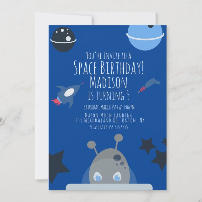Convite Temático de Alien para Aniversário Espacia (Frente)