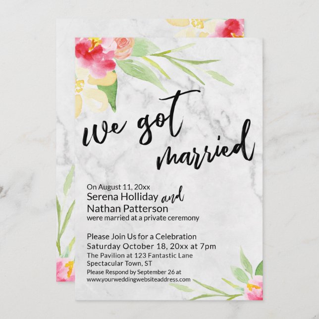 Convite Temos Flores de Aquarela Casadas E Cinza Marble (Frente/Verso)