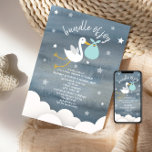 Convite Tempestade com Chá de fraldas de Estrelas de Pacot<br><div class="desc">Um convite de chá de fraldas com uma cor azul-escura inspirado em fundo com texto branco cercado por estrelas e ilustrações de nuvens brancas e uma cegonha com pacote azul. Personalize com detalhes da sua ocasião.</div>
