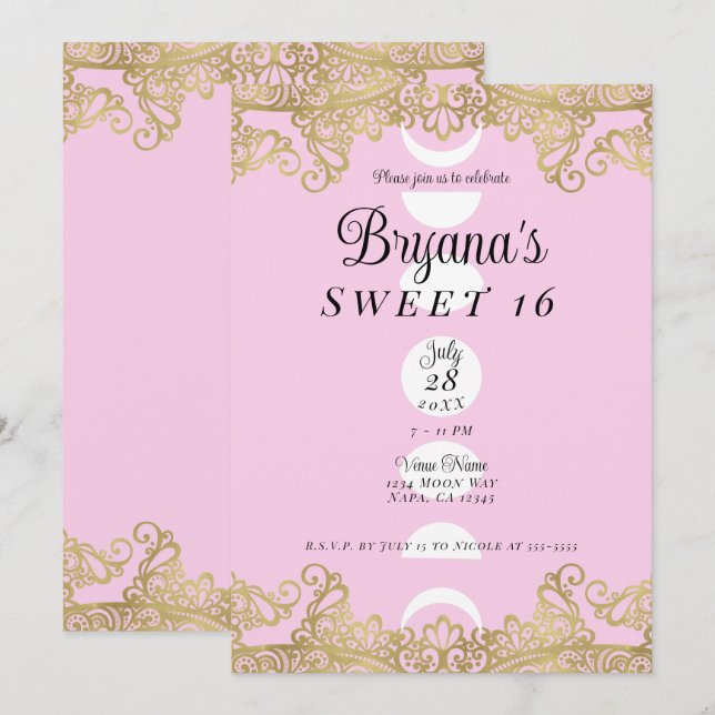 Convite Templo da Lua Rosa e Dourado Ornamentado Sweet 16 (Frente/Verso)