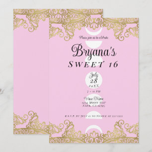 Convite Templo da Lua Rosa e Dourado Ornamentado Sweet 16