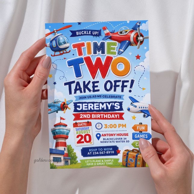 Convite Tempo de Avião Dois decolar 2º Aniversário  (Airplane Time Two Take Off 2nd Birthday Invitation
)