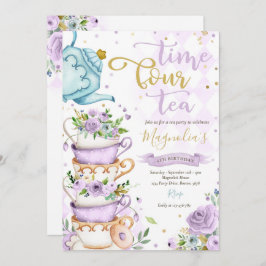 Convite Tempo Quatro Tea Purple Floral 4º Aniversário ParT