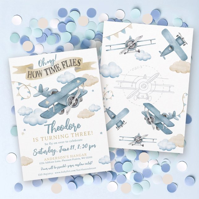 Convite Tempo voa avião Festa de aniversário azul Legal (Cute watercolor airplane aviation clouds sky theme Time Flies boy 3rd birthday party invitation)