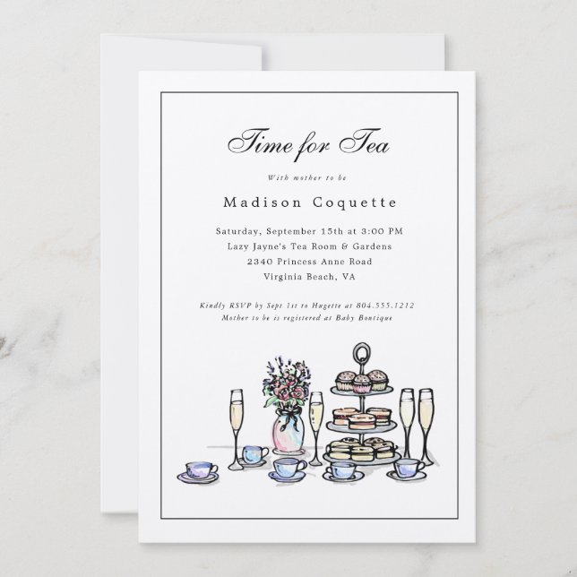 Convite Tempo Whimsical Elegante para o Chá de fraldas Tea (Frente)