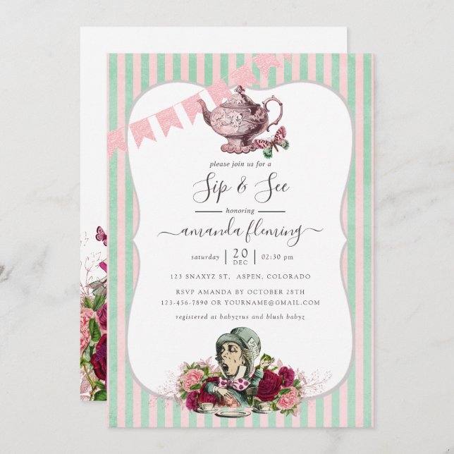 Convite Tendência Chã de Bebê da Alice no País das Maravil (Frente/Verso)