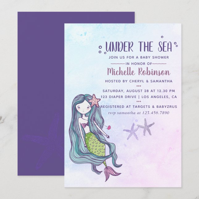 Convite Tendência de cor no tema de Babyshower no Oceano s (Frente/Verso)