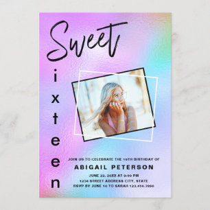 Convite Tendência elegante moderna holográfica doce dezess