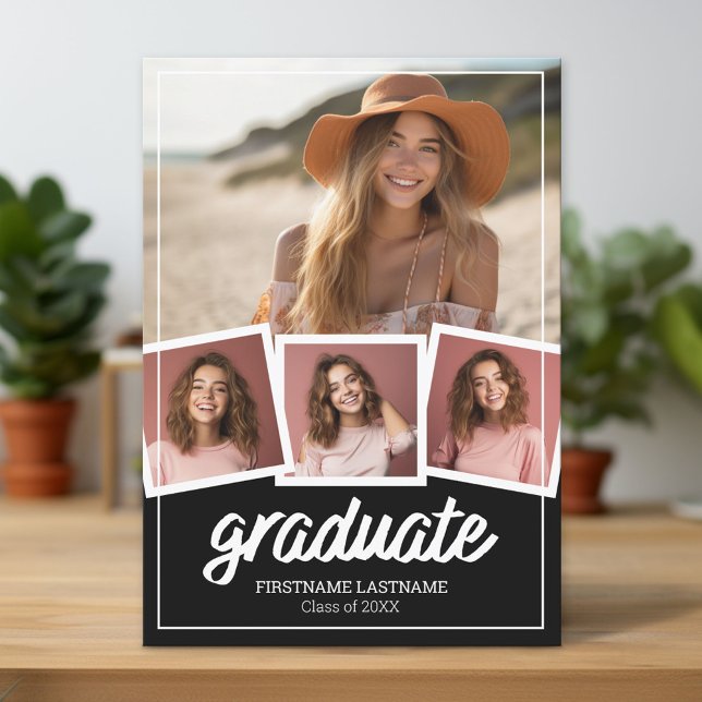 Convite Tendy Black Festa de formatura 4 Fotografias (Custom Graduation Announcement and Invitation)