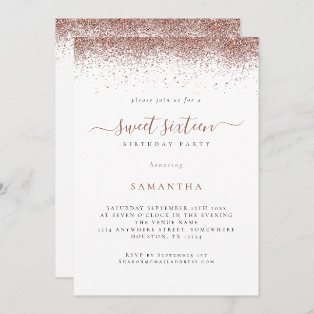 Convite Tendy Rosa Dourado Glitter Script Sweet 16 (Frente/Verso)