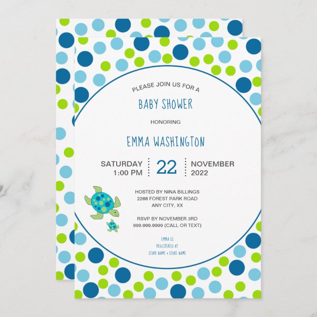 Convite Tendy Sea Turtle chá de fraldas pontos verdes azui (Frente/Verso)