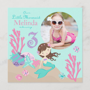 Convite Tenente Brunette Mermaid Terceiro Aniversário