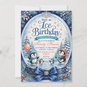 Convite Tenha um Aniversário Gelado Pinguim Patinando Aniv