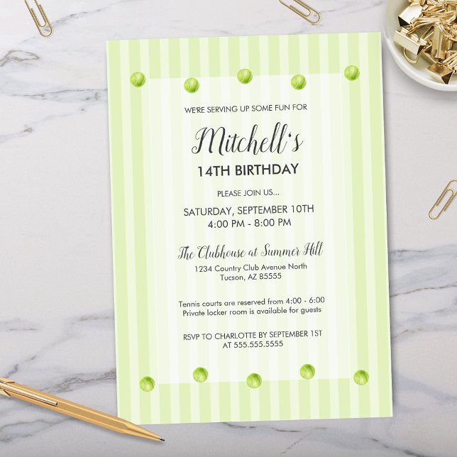 Convite Tênis de Aniversário do Clube Verde Moderno (modern green country club inspired tennis birthday invitations for boys girls or end of season teams)